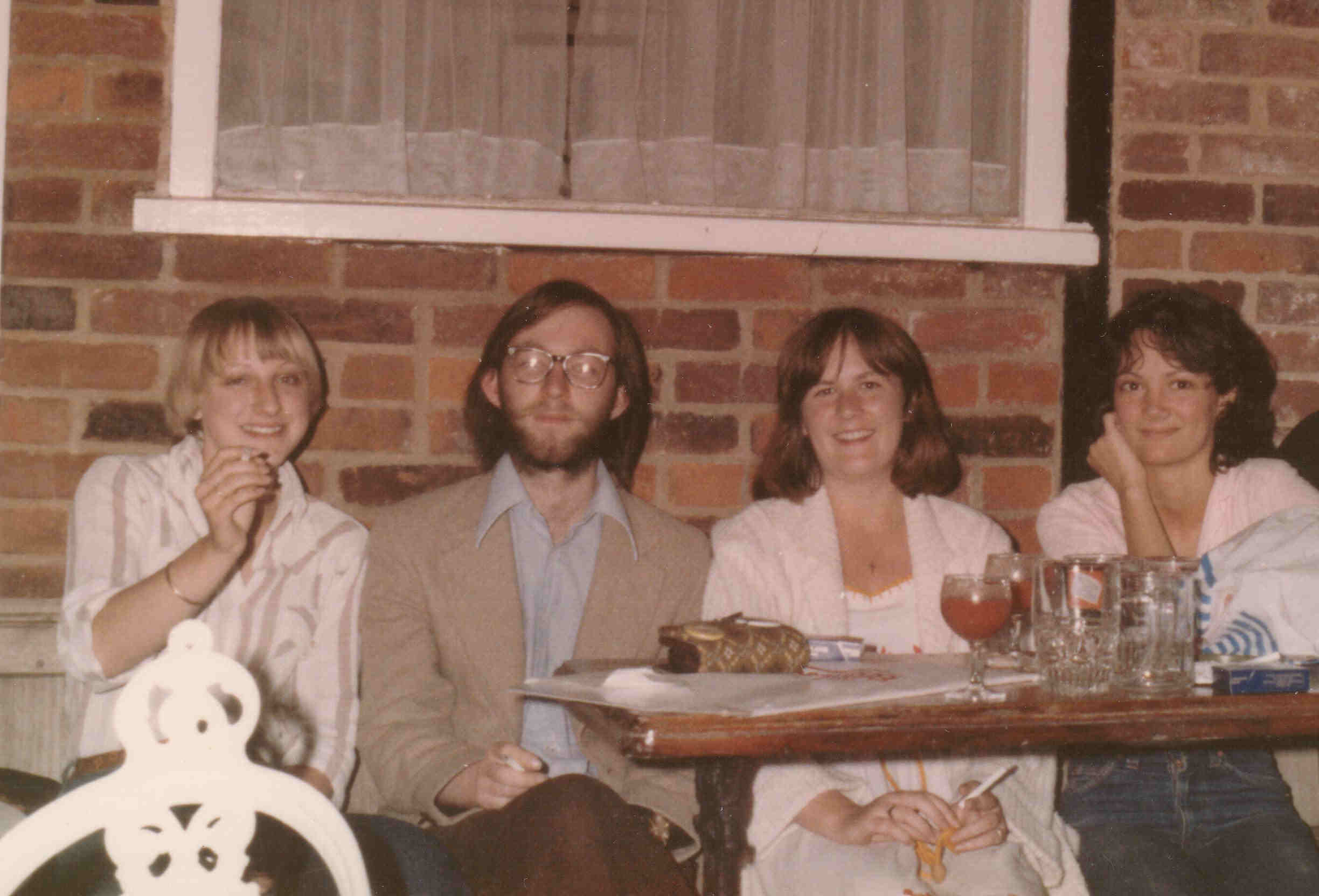 Debbie Candy, Dugald MacGregor, Julie Wheeler, Tina Wavish in the garden of Burkes Bar, Salisbury,  1978 or 1979?